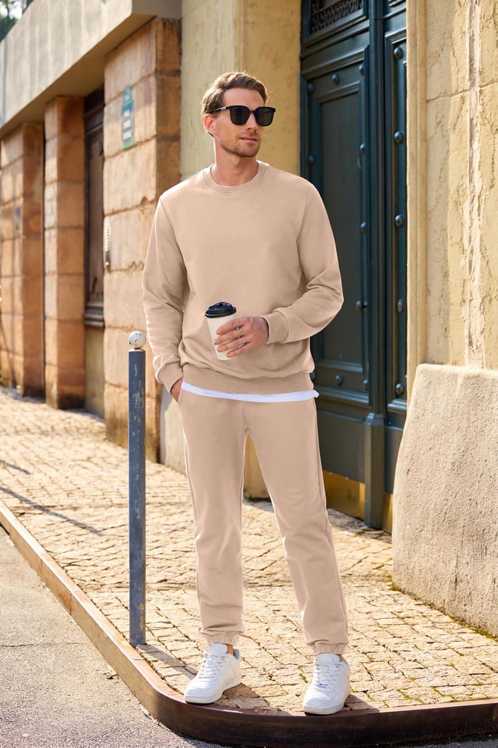 imageJMIERR Mens 2 Piece Outfits Crew Neck Sweatshirt Tracksuit ampamp Joggers Sweatpants Sweatsuit SetBeige