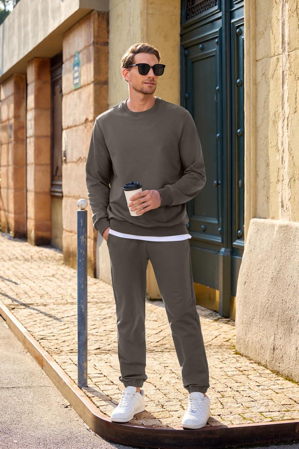 imageJMIERR Mens 2 Piece Outfits Crew Neck Sweatshirt Tracksuit ampamp Joggers Sweatpants Sweatsuit SetBrown