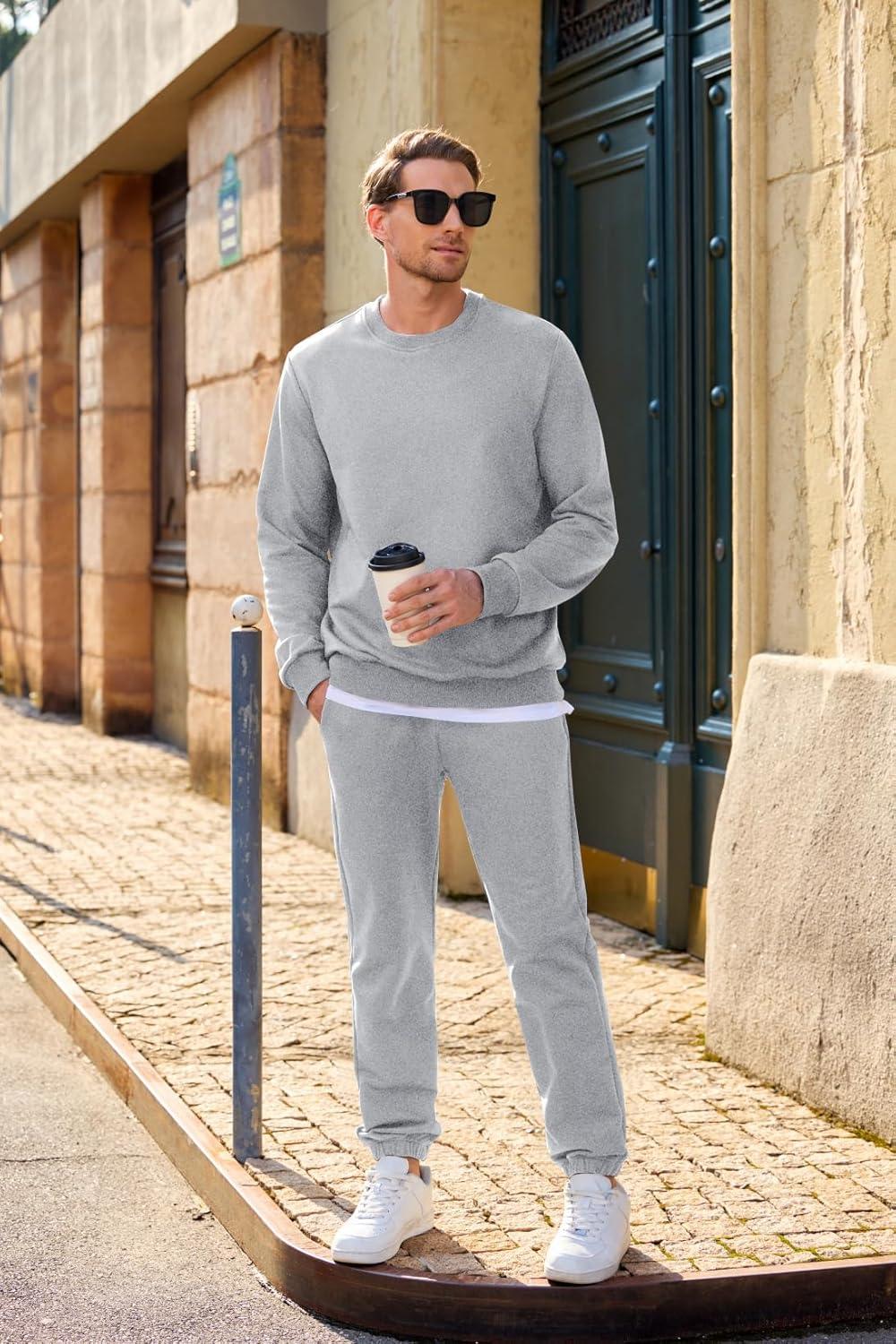 imageJMIERR Mens 2 Piece Outfits Crew Neck Sweatshirt Tracksuit ampamp Joggers Sweatpants Sweatsuit SetLight Grey
