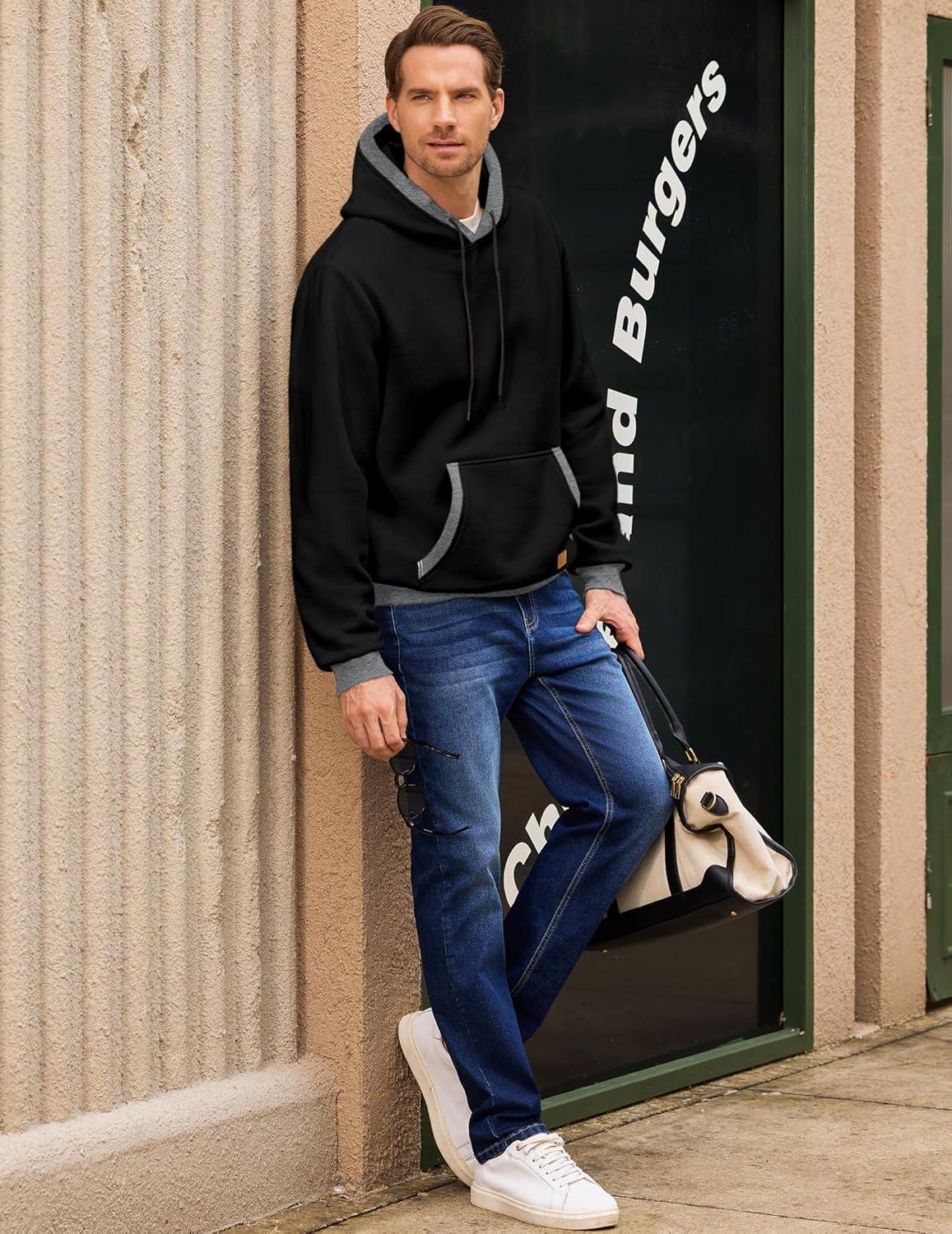 imageJMIERR Mens Cotton Casual Hoodies Sweatshirts Fashion Long Sleeve Drawstring Fleece Pullover Hoodie with PocketsA Black