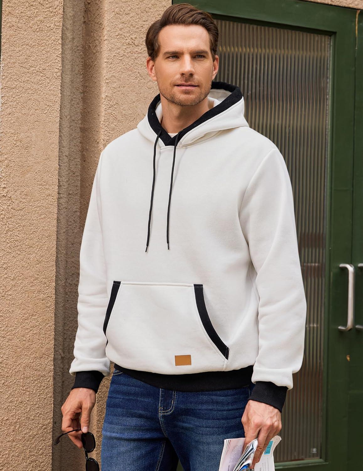 imageJMIERR Mens Cotton Casual Hoodies Sweatshirts Fashion Long Sleeve Drawstring Fleece Pullover Hoodie with PocketsA White