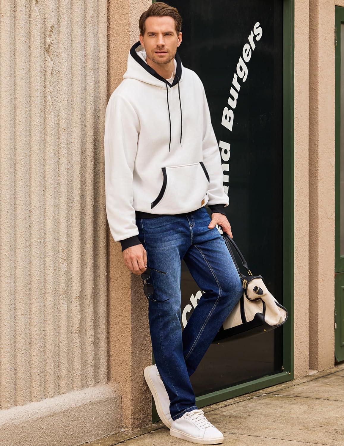 imageJMIERR Mens Cotton Casual Hoodies Sweatshirts Fashion Long Sleeve Drawstring Fleece Pullover Hoodie with PocketsA White