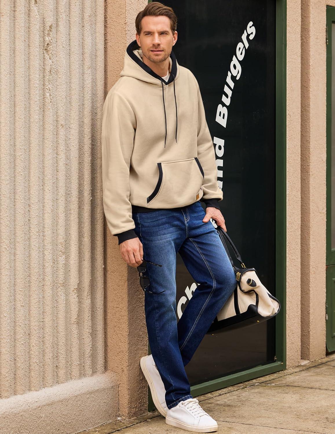 imageJMIERR Mens Cotton Casual Hoodies Sweatshirts Fashion Long Sleeve Drawstring Fleece Pullover Hoodie with PocketsApricot