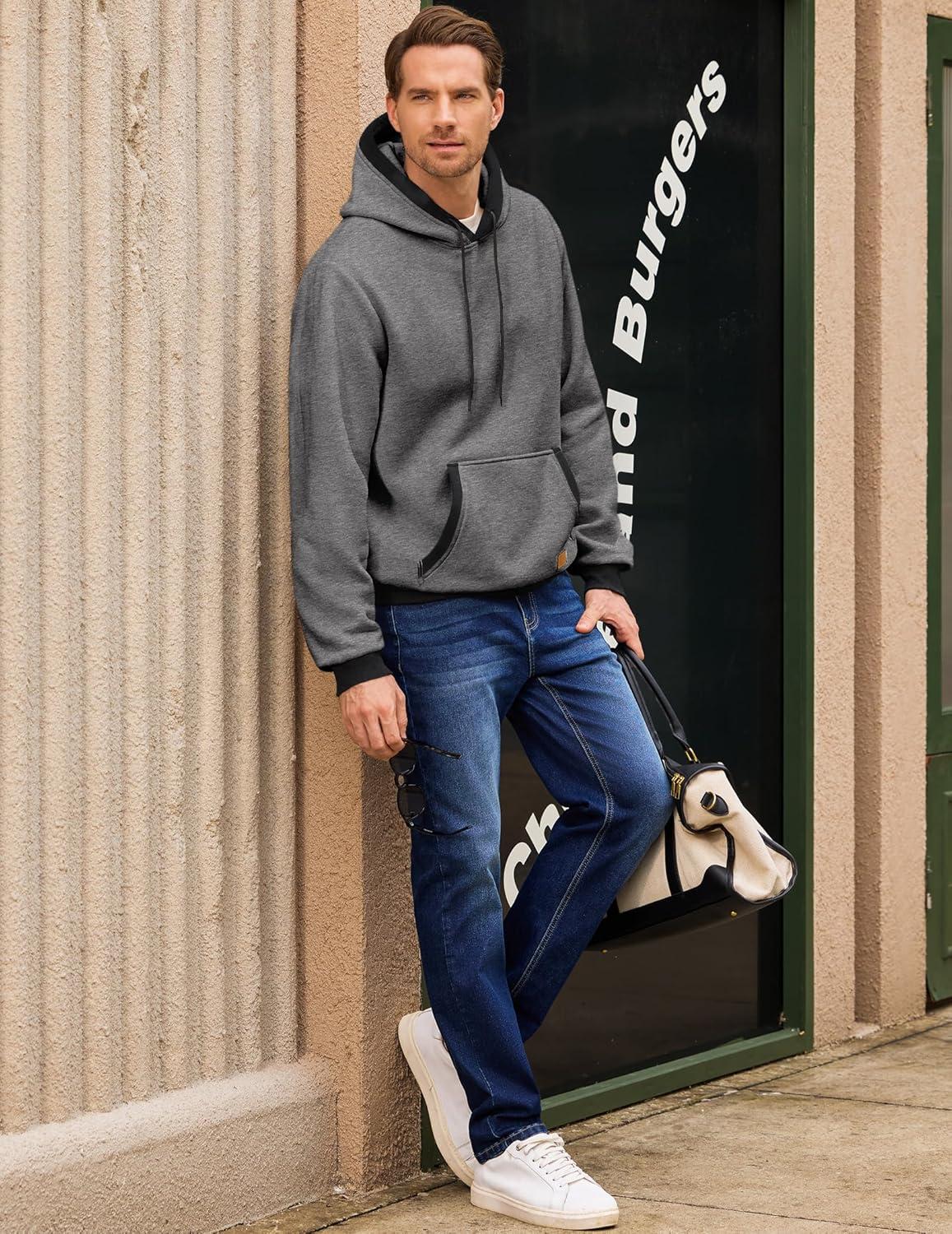 imageJMIERR Mens Cotton Casual Hoodies Sweatshirts Fashion Long Sleeve Drawstring Fleece Pullover Hoodie with PocketsB Grey