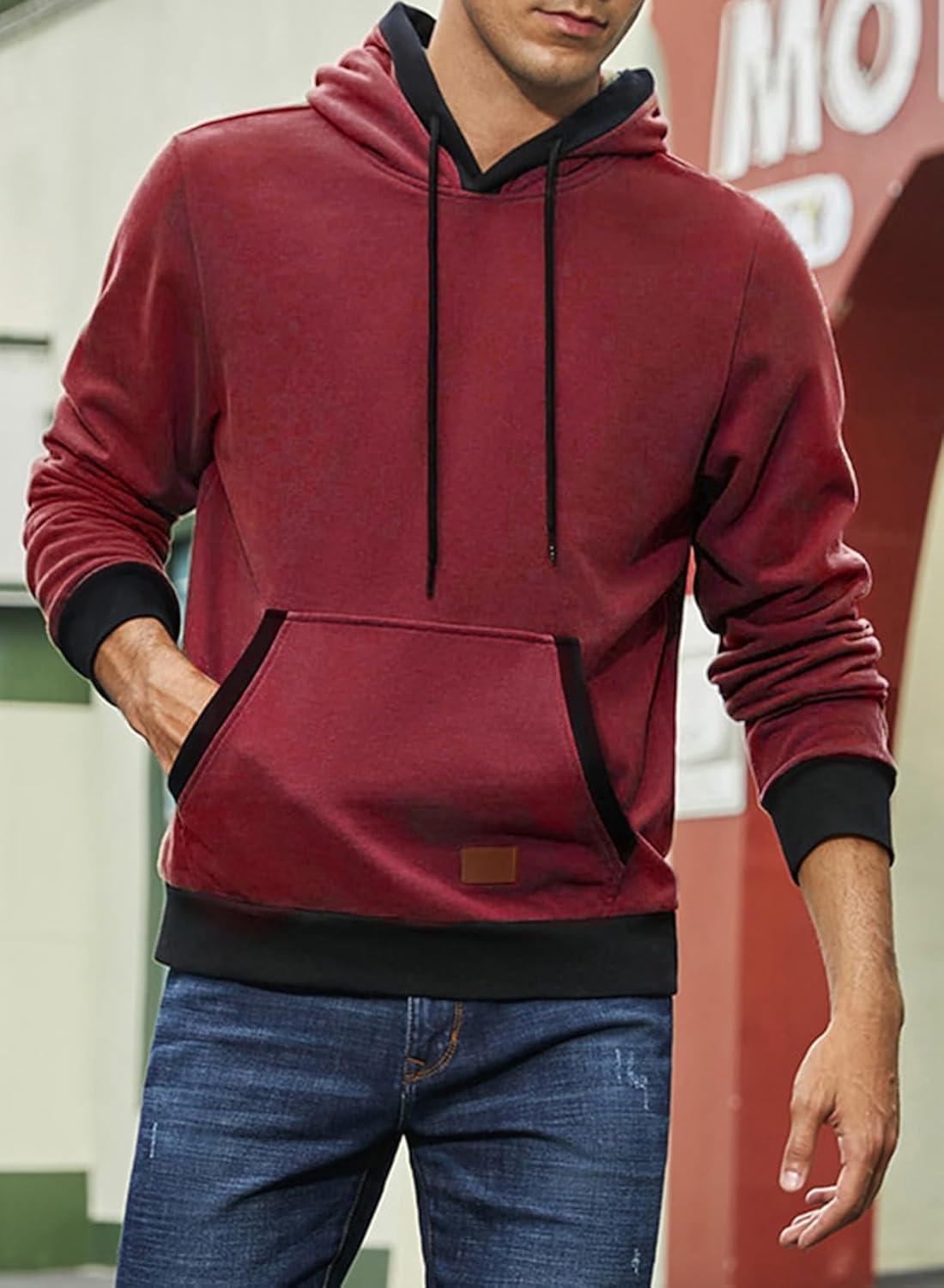 imageJMIERR Mens Cotton Casual Hoodies Sweatshirts Fashion Long Sleeve Drawstring Fleece Pullover Hoodie with PocketsB Red