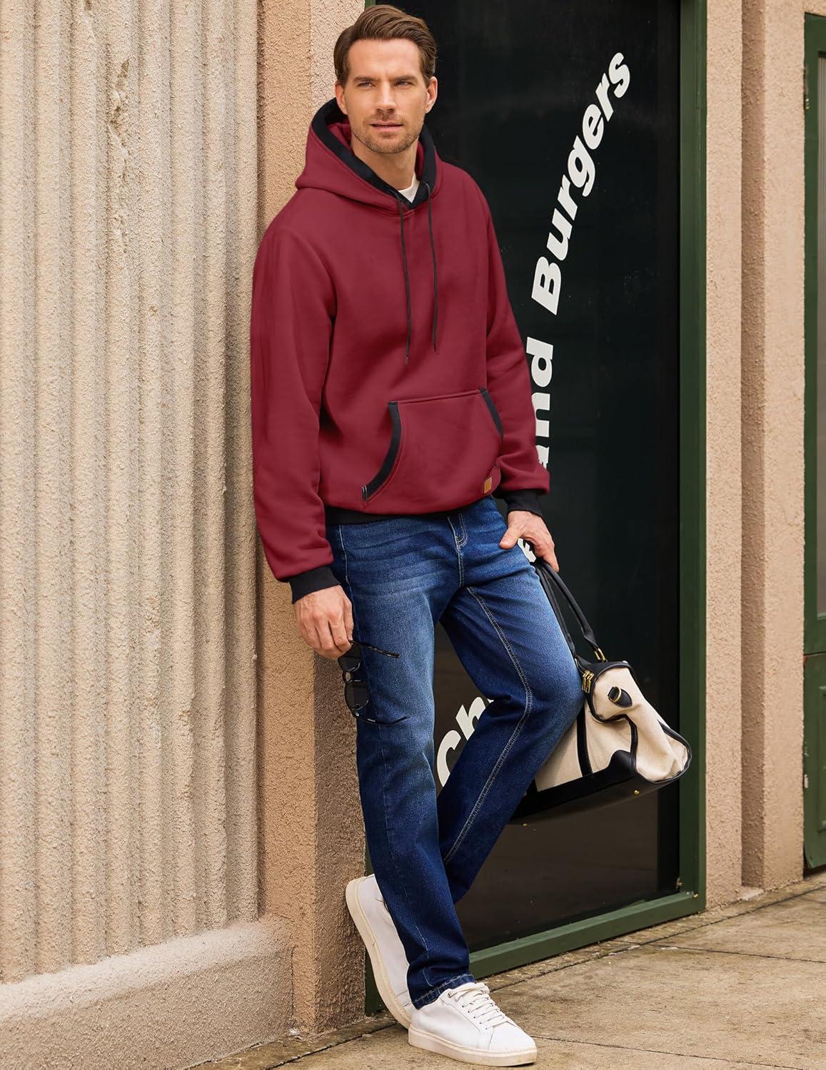 imageJMIERR Mens Cotton Casual Hoodies Sweatshirts Fashion Long Sleeve Drawstring Fleece Pullover Hoodie with PocketsB Red