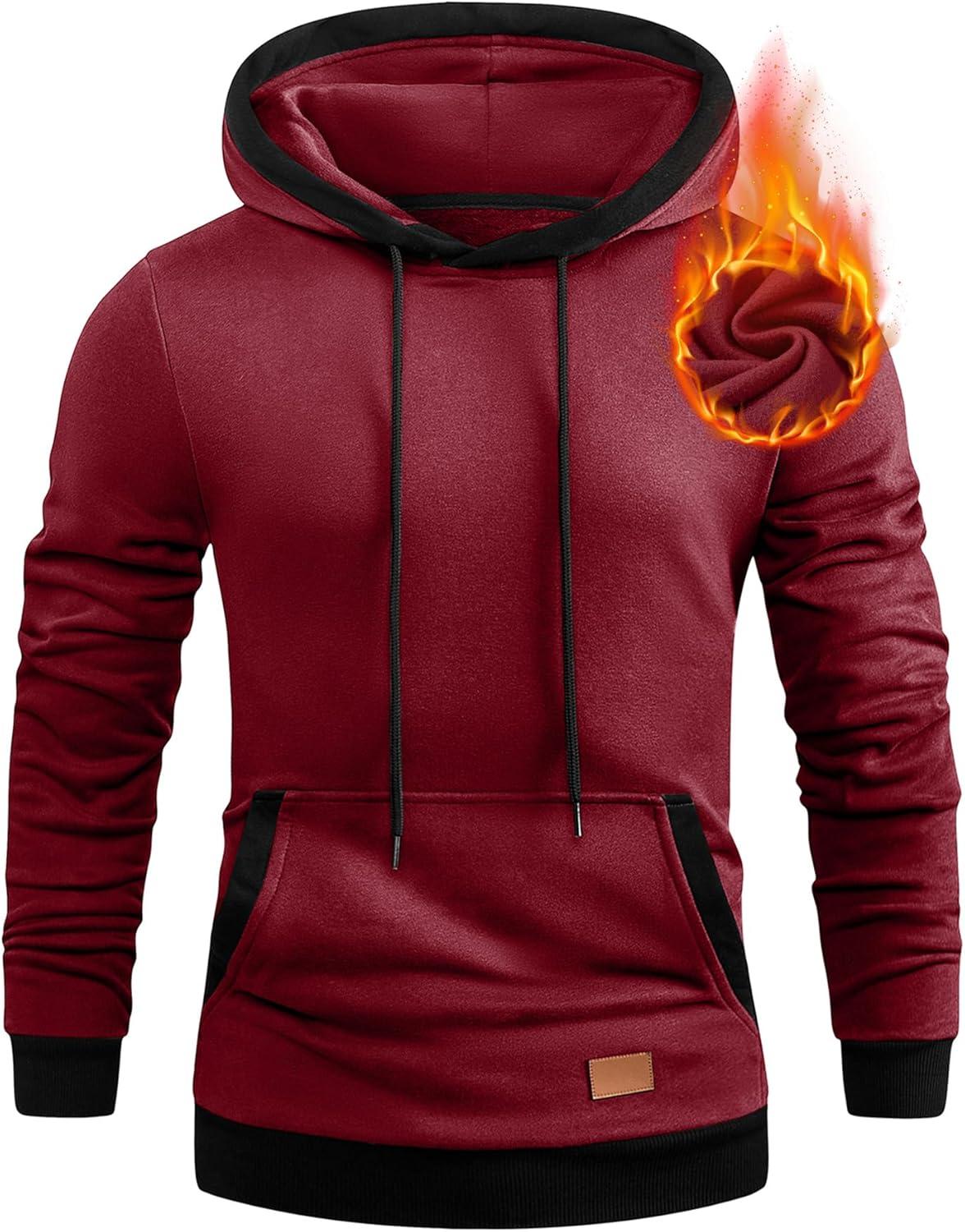 imageJMIERR Mens Cotton Casual Hoodies Sweatshirts Fashion Long Sleeve Drawstring Fleece Pullover Hoodie with PocketsB Red