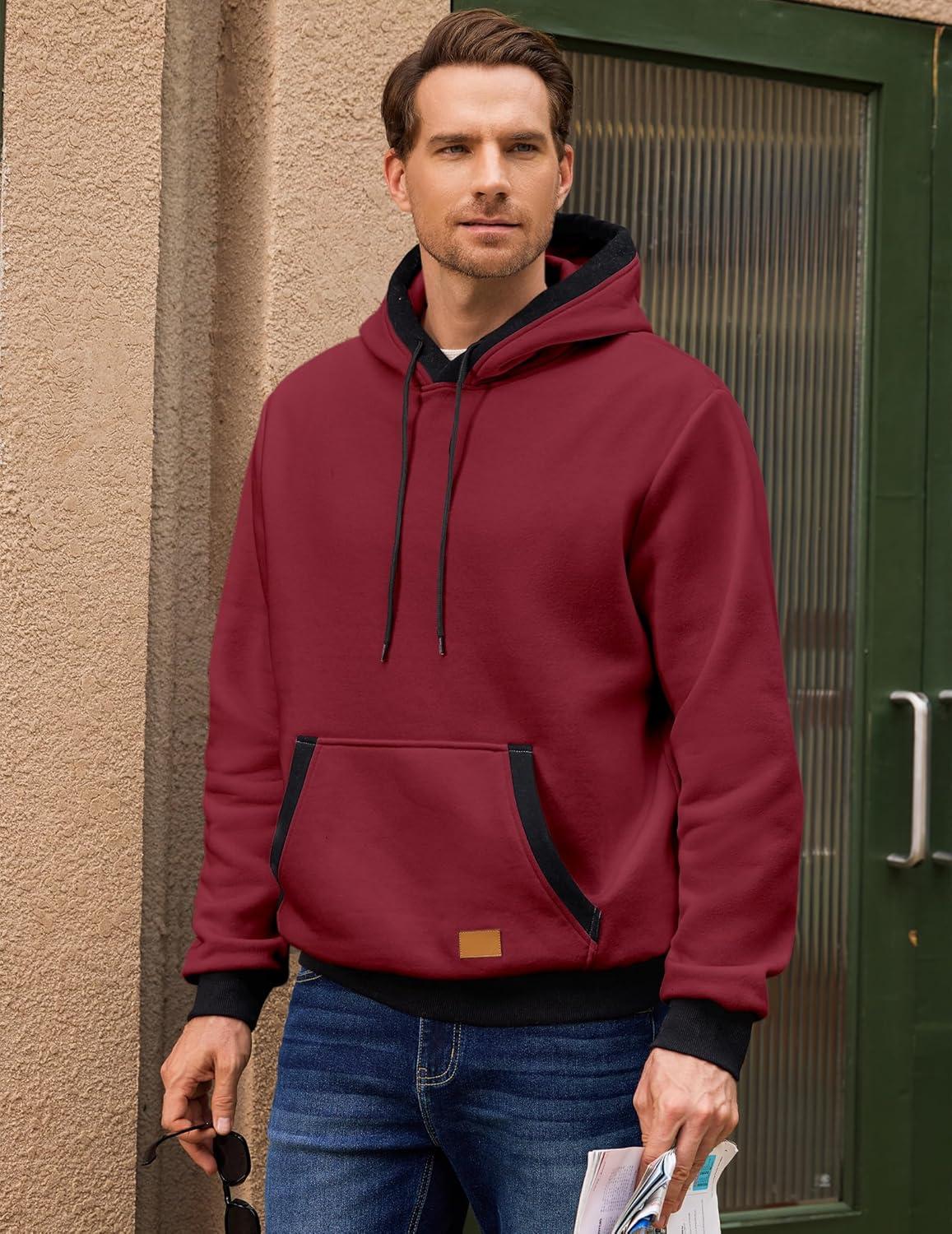 imageJMIERR Mens Cotton Casual Hoodies Sweatshirts Fashion Long Sleeve Drawstring Fleece Pullover Hoodie with PocketsB Red