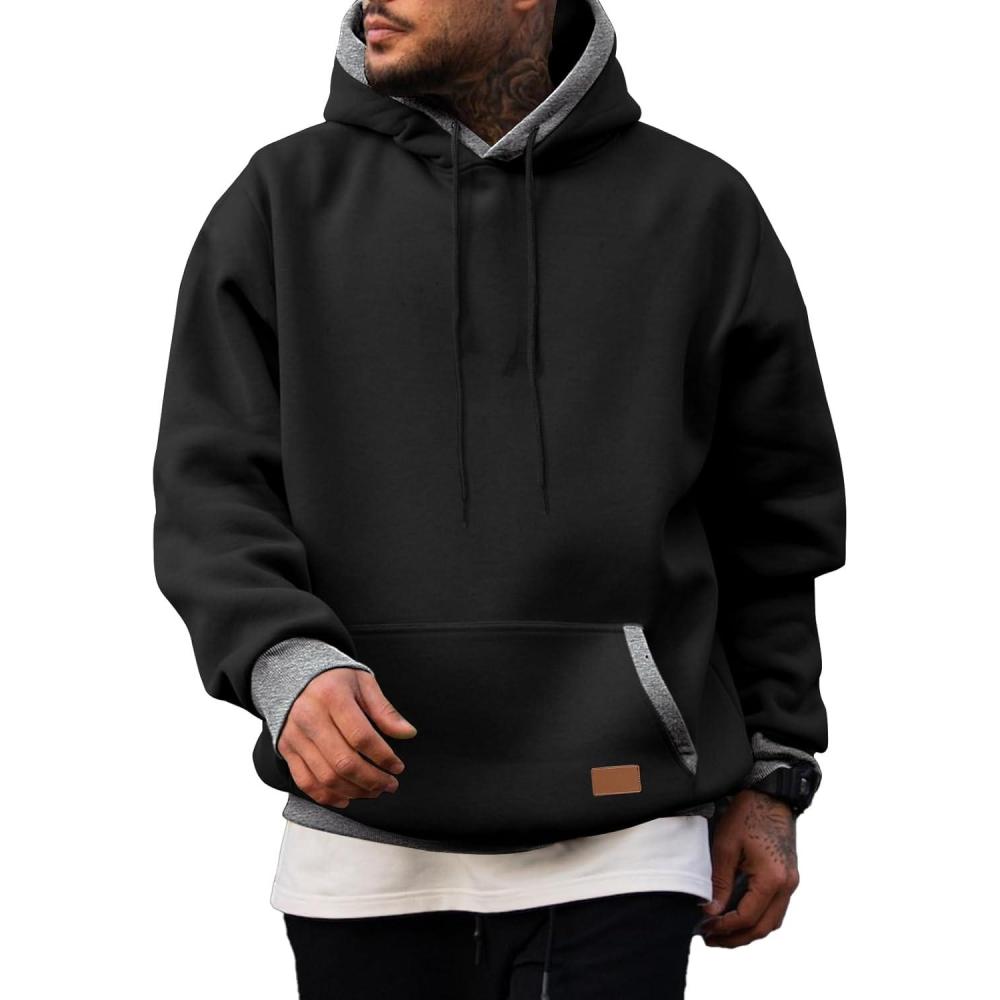 imageJMIERR Mens Cotton Casual Hoodies Sweatshirts Fashion Long Sleeve Drawstring Fleece Pullover Hoodie with PocketsA Black