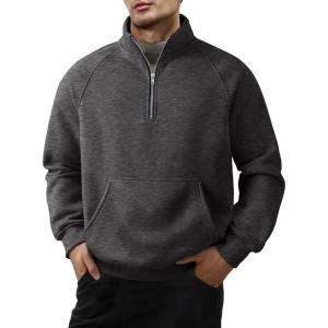 imageJMIERR Mens Fleece Quarter Zip Pullover Sweater Casual Cotton Fall Winter Family Outfit Warm Mock Neck with Pockets1 Dark Grey