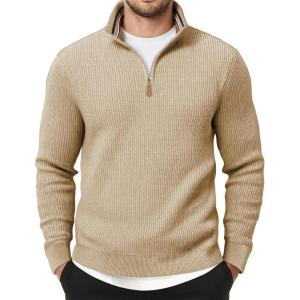 imageJMIERR Mens Quarter Zip Pullover Sweaters Casual Long Sleeve Fall Knit Texture SweaterBeige