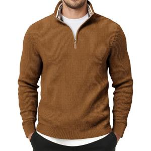 imageJMIERR Mens Quarter Zip Pullover Sweaters Casual Long Sleeve Fall Knit Texture SweaterBrown