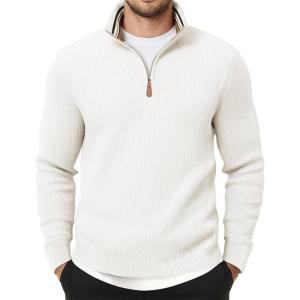 imageJMIERR Mens Quarter Zip Pullover Sweaters Casual Long Sleeve Fall Knit Texture SweaterWhite
