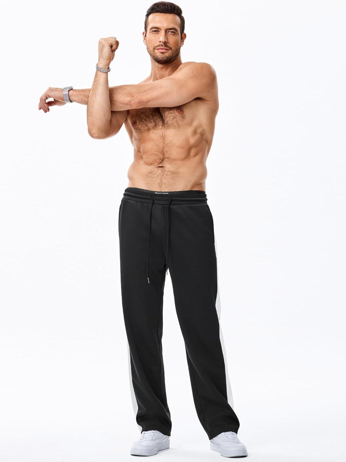 imageJMIERR Mens Sweatpants Wide Leg Color Block Stripes Tapered Trousers Drawstring Waist Casual Stretch Track PantsBlack