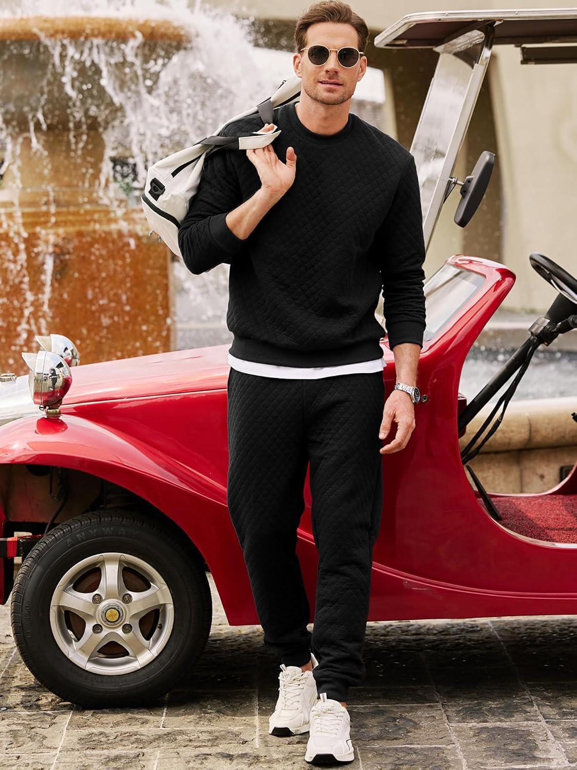 imageJMIERR Mens Quilted 2 Piece Casual Outfits Crewneck Sweatshirt Tracksuit ampamp Joggers Sweatpants Sweatsuit SetBlack