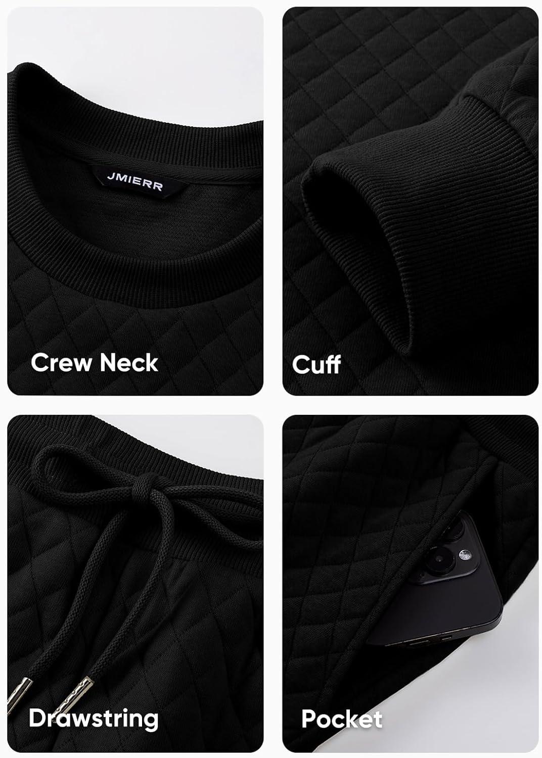 imageJMIERR Mens Quilted 2 Piece Casual Outfits Crewneck Sweatshirt Tracksuit ampamp Joggers Sweatpants Sweatsuit SetBlack