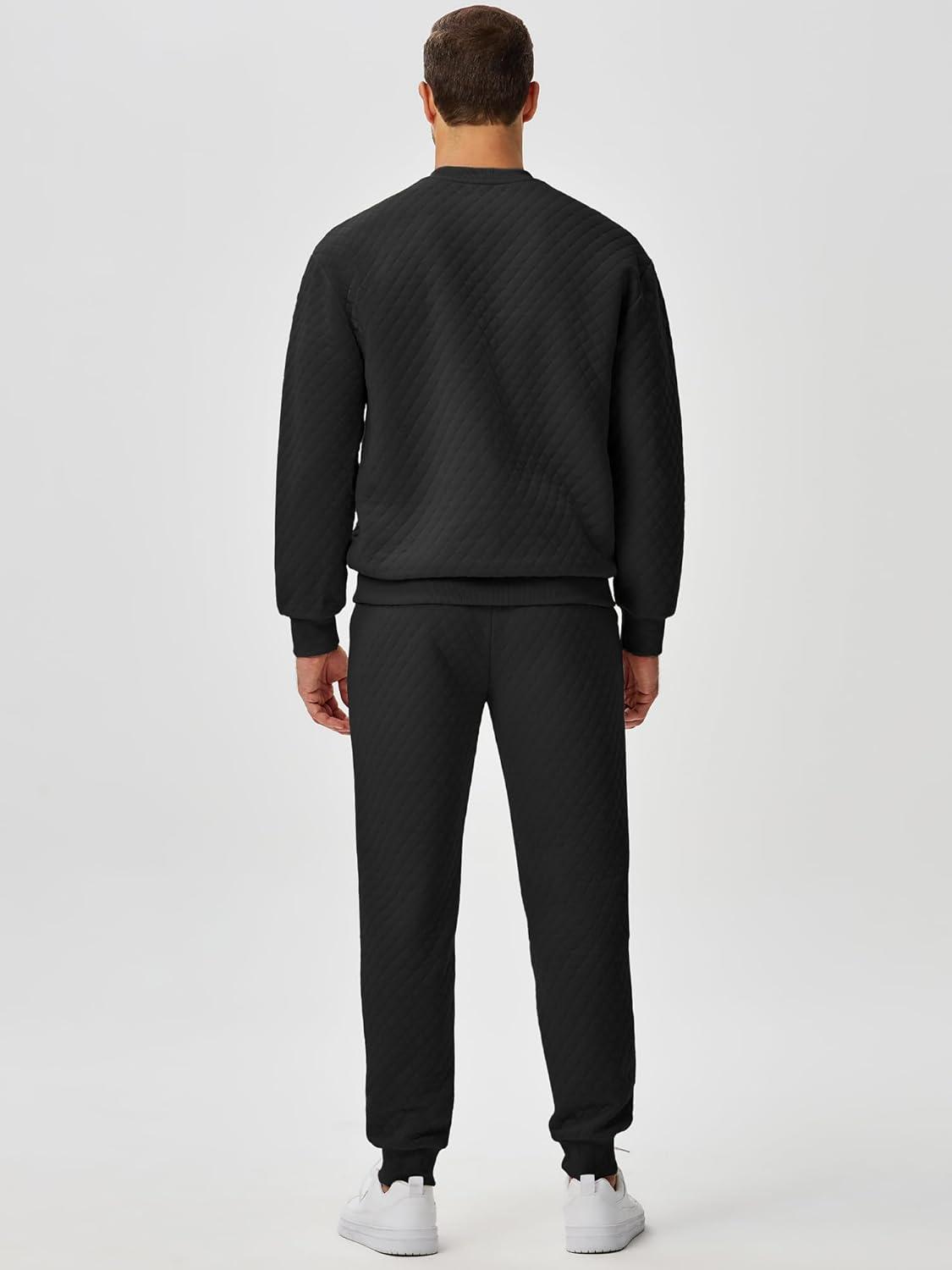 imageJMIERR Mens Quilted 2 Piece Casual Outfits Crewneck Sweatshirt Tracksuit ampamp Joggers Sweatpants Sweatsuit SetBlack