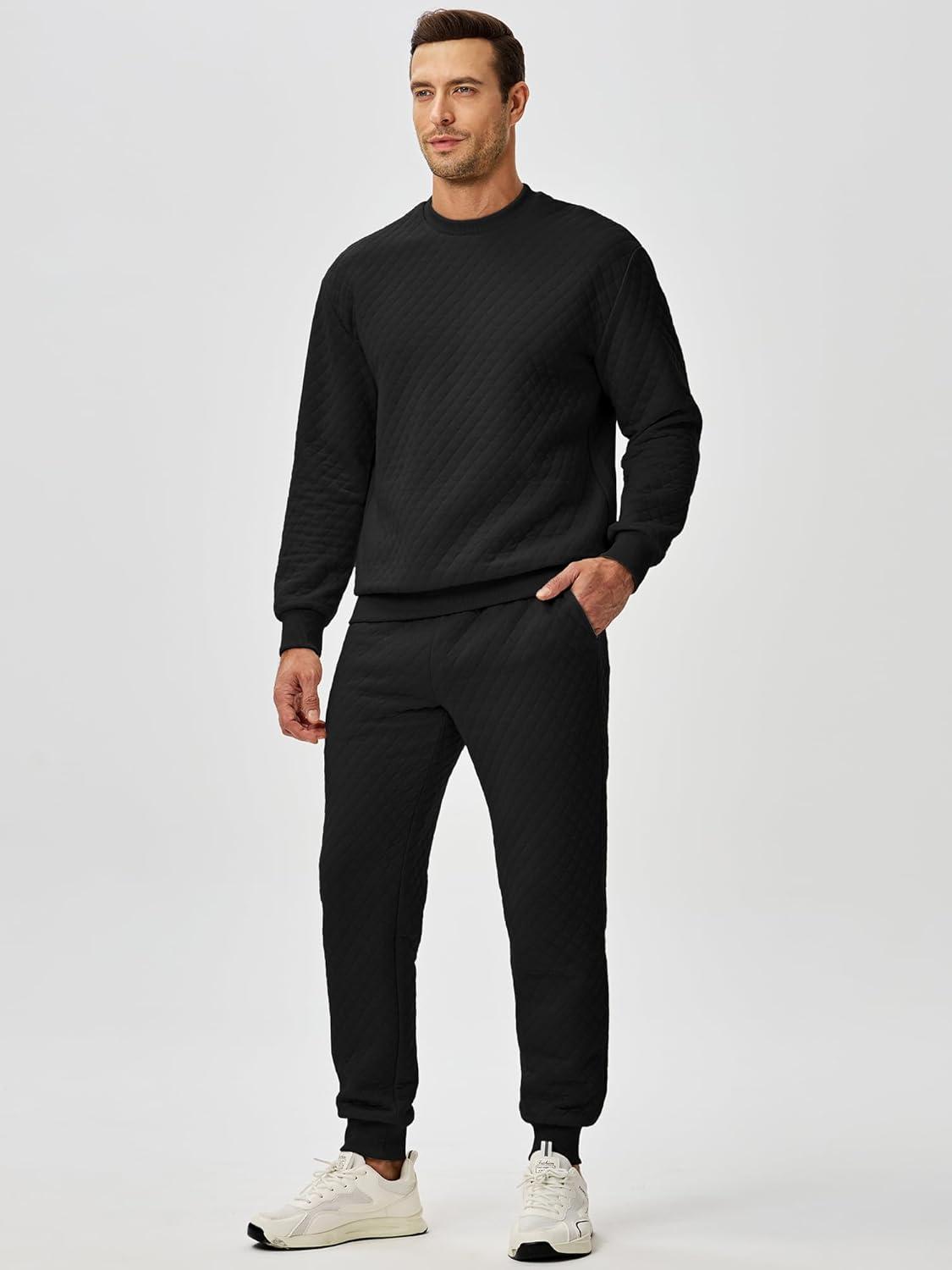 imageJMIERR Mens Quilted 2 Piece Casual Outfits Crewneck Sweatshirt Tracksuit ampamp Joggers Sweatpants Sweatsuit SetBlack