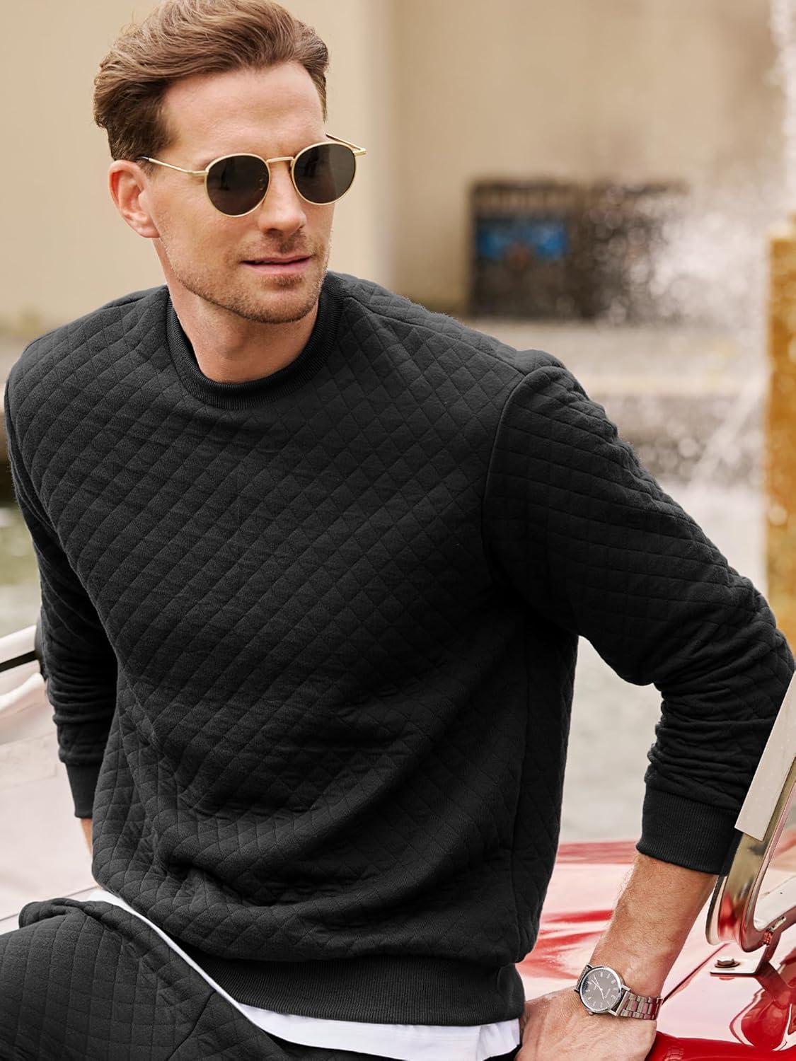 imageJMIERR Mens Quilted 2 Piece Casual Outfits Crewneck Sweatshirt Tracksuit ampamp Joggers Sweatpants Sweatsuit SetBlack