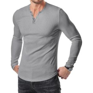 imageJMIERR Mens 2025 Fall Fashion Casual Henley Shirt Long Sleeve Slim Fitted Shirts Curved Hem for Athletic Gym WorkoutA Grey