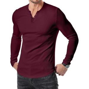 imageJMIERR Mens 2025 Fall Fashion Casual Henley Shirt Long Sleeve Slim Fitted Shirts Curved Hem for Athletic Gym WorkoutC Red