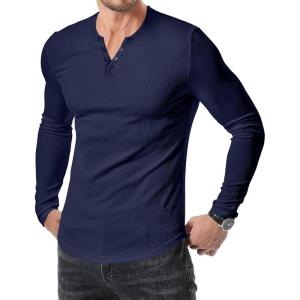 imageJMIERR Mens 2025 Fall Fashion Casual Henley Shirt Long Sleeve Slim Fitted Shirts Curved Hem for Athletic Gym WorkoutD Blue