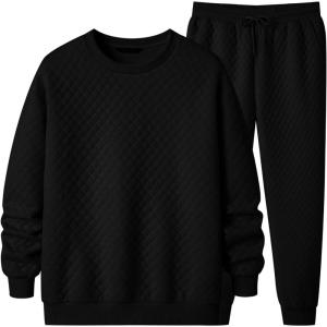 imageJMIERR Mens Quilted 2 Piece Casual Outfits Crewneck Sweatshirt Tracksuit ampamp Joggers Sweatpants Sweatsuit SetBlack