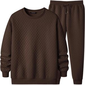 imageJMIERR Mens Quilted 2 Piece Casual Outfits Crewneck Sweatshirt Tracksuit ampamp Joggers Sweatpants Sweatsuit SetCoffee