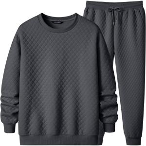imageJMIERR Mens Quilted 2 Piece Casual Outfits Crewneck Sweatshirt Tracksuit ampamp Joggers Sweatpants Sweatsuit SetDark Grey