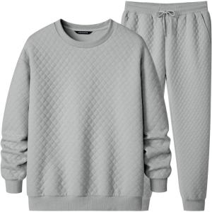 imageJMIERR Mens Quilted 2 Piece Casual Outfits Crewneck Sweatshirt Tracksuit ampamp Joggers Sweatpants Sweatsuit SetGray