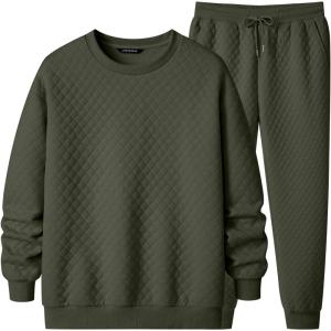 imageJMIERR Mens Quilted 2 Piece Casual Outfits Crewneck Sweatshirt Tracksuit ampamp Joggers Sweatpants Sweatsuit SetMoss Green