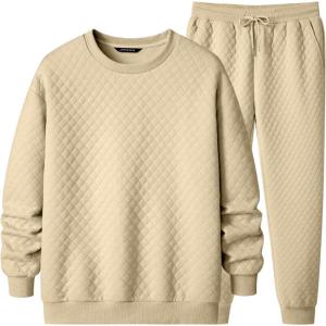 imageJMIERR Mens Quilted 2 Piece Casual Outfits Crewneck Sweatshirt Tracksuit ampamp Joggers Sweatpants Sweatsuit SetParchment