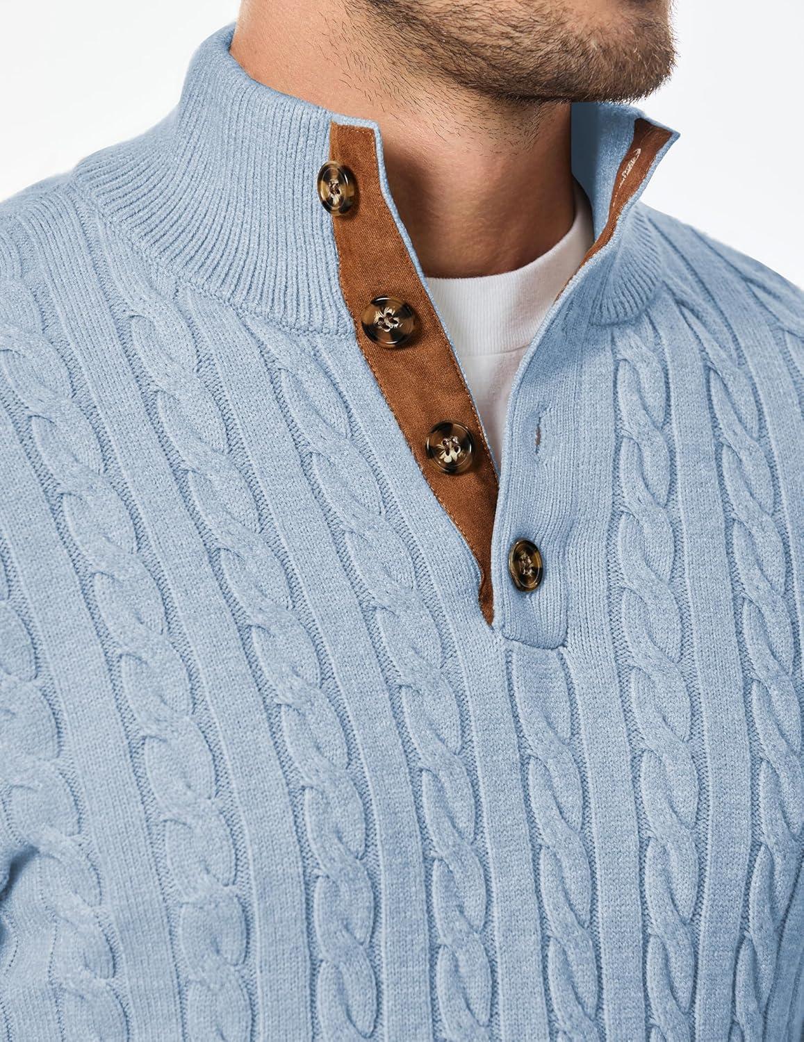 imageJMIERR Mens Cable Knit Pullover Sweater Casual Long Sleeve Stand Collar Button Knitted SweatersBeau Blue