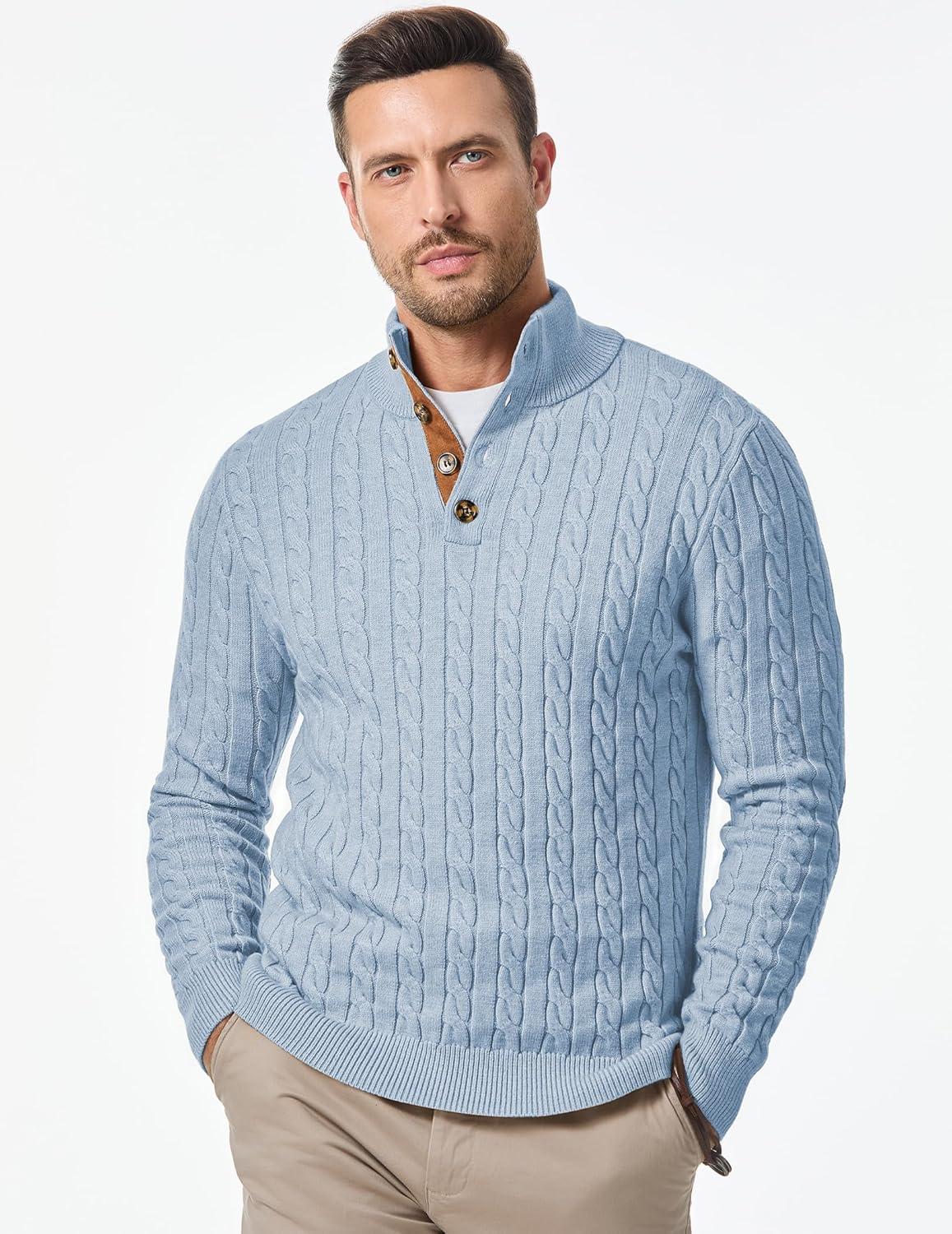 imageJMIERR Mens Cable Knit Pullover Sweater Casual Long Sleeve Stand Collar Button Knitted SweatersBeau Blue