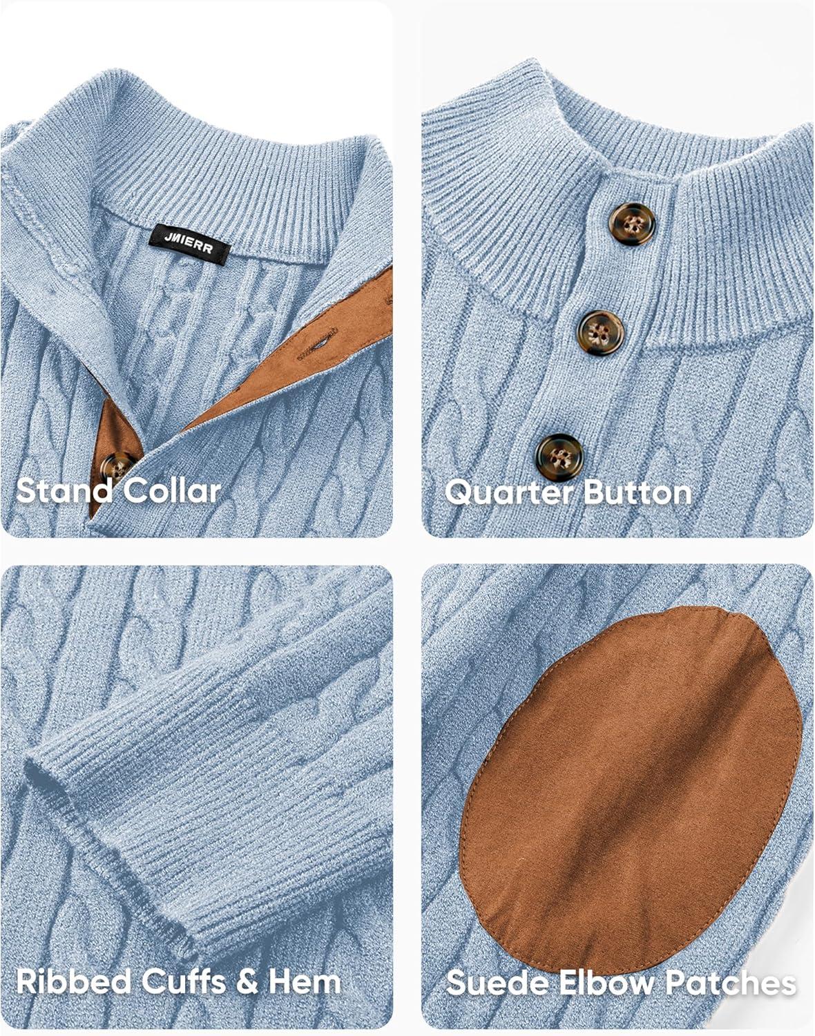 imageJMIERR Mens Cable Knit Pullover Sweater Casual Long Sleeve Stand Collar Button Knitted SweatersBeau Blue