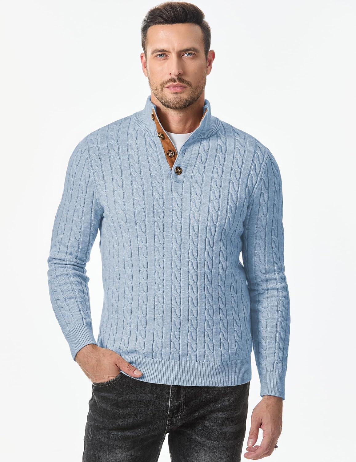 imageJMIERR Mens Cable Knit Pullover Sweater Casual Long Sleeve Stand Collar Button Knitted SweatersBeau Blue