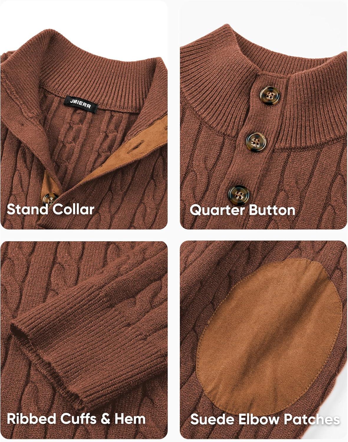 imageJMIERR Mens Cable Knit Pullover Sweater Casual Long Sleeve Stand Collar Button Knitted SweatersChestnut