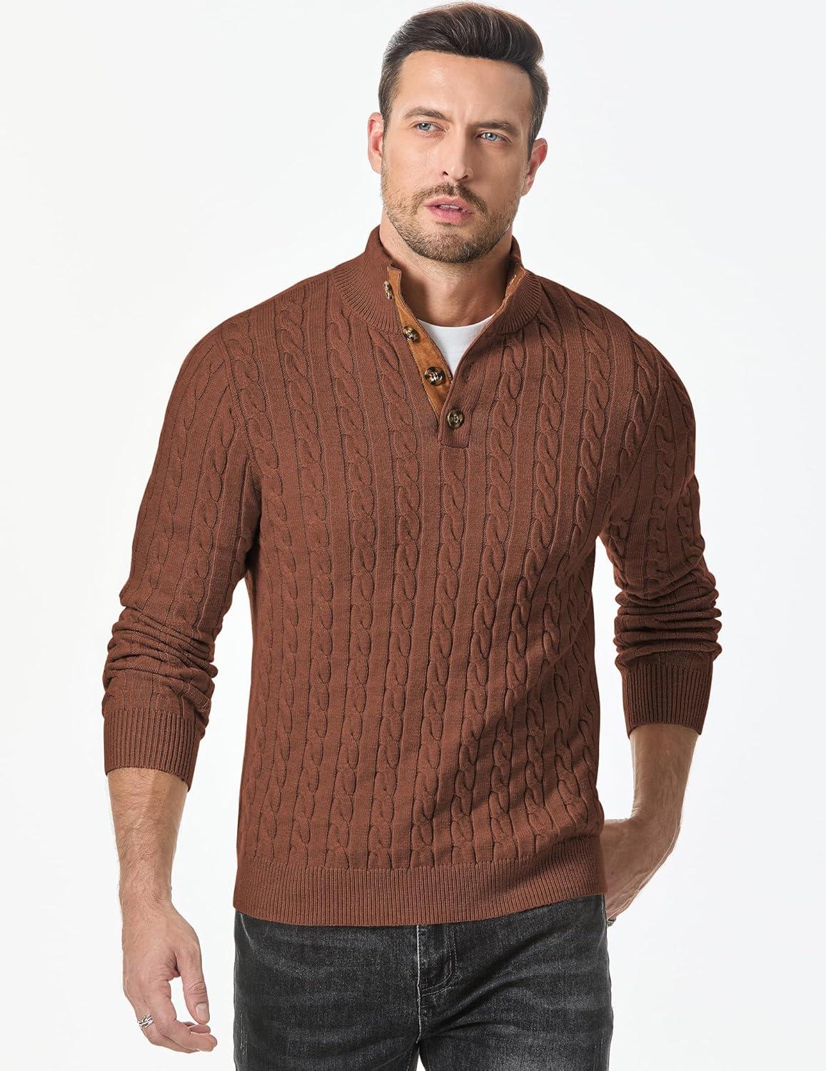 imageJMIERR Mens Cable Knit Pullover Sweater Casual Long Sleeve Stand Collar Button Knitted SweatersChestnut