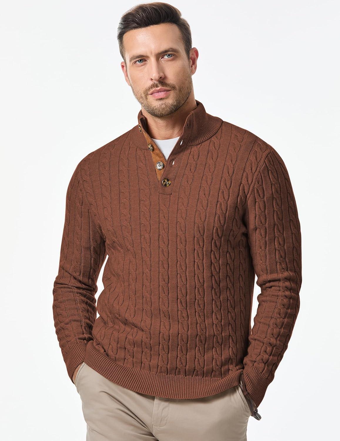 imageJMIERR Mens Cable Knit Pullover Sweater Casual Long Sleeve Stand Collar Button Knitted SweatersChestnut