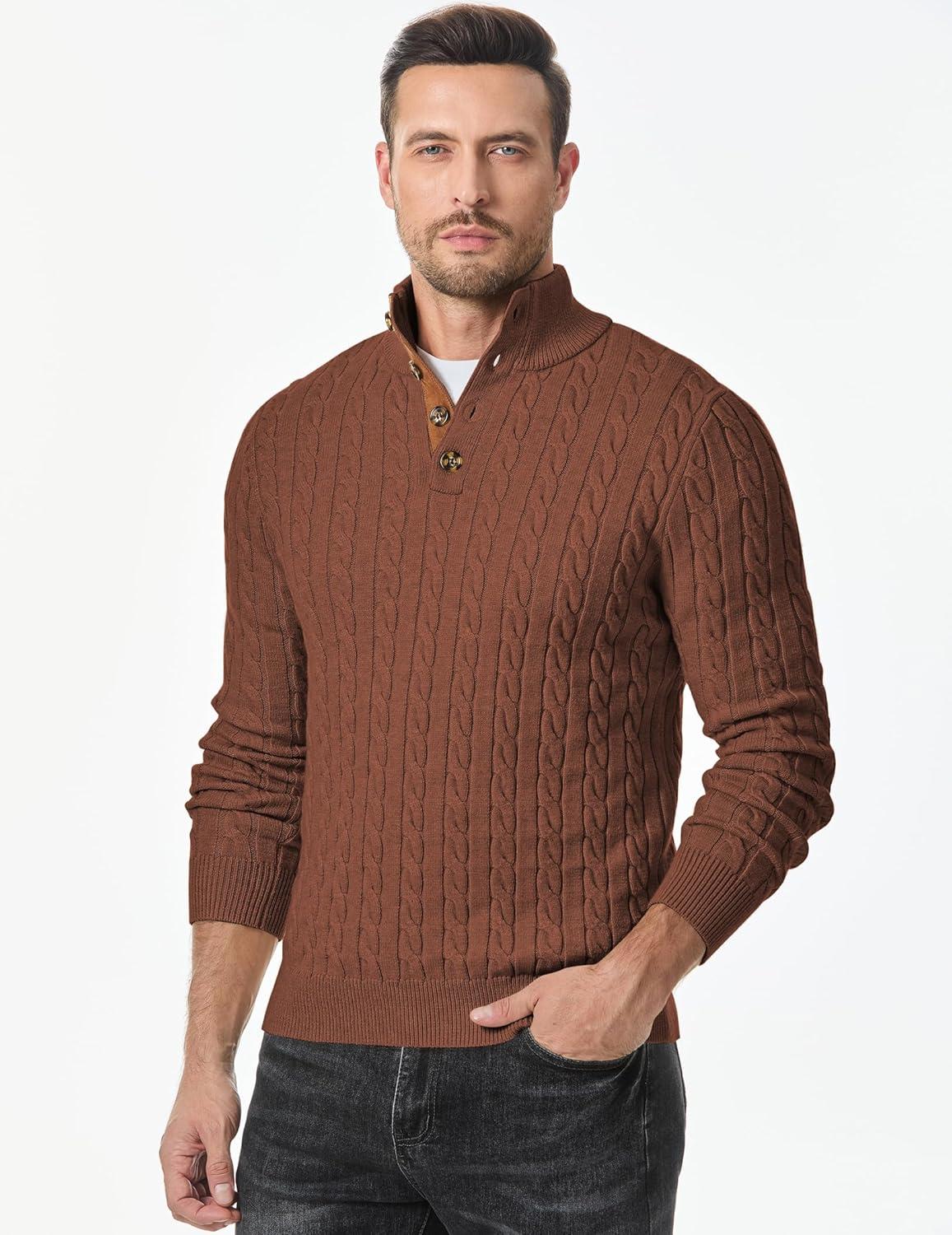imageJMIERR Mens Cable Knit Pullover Sweater Casual Long Sleeve Stand Collar Button Knitted SweatersChestnut