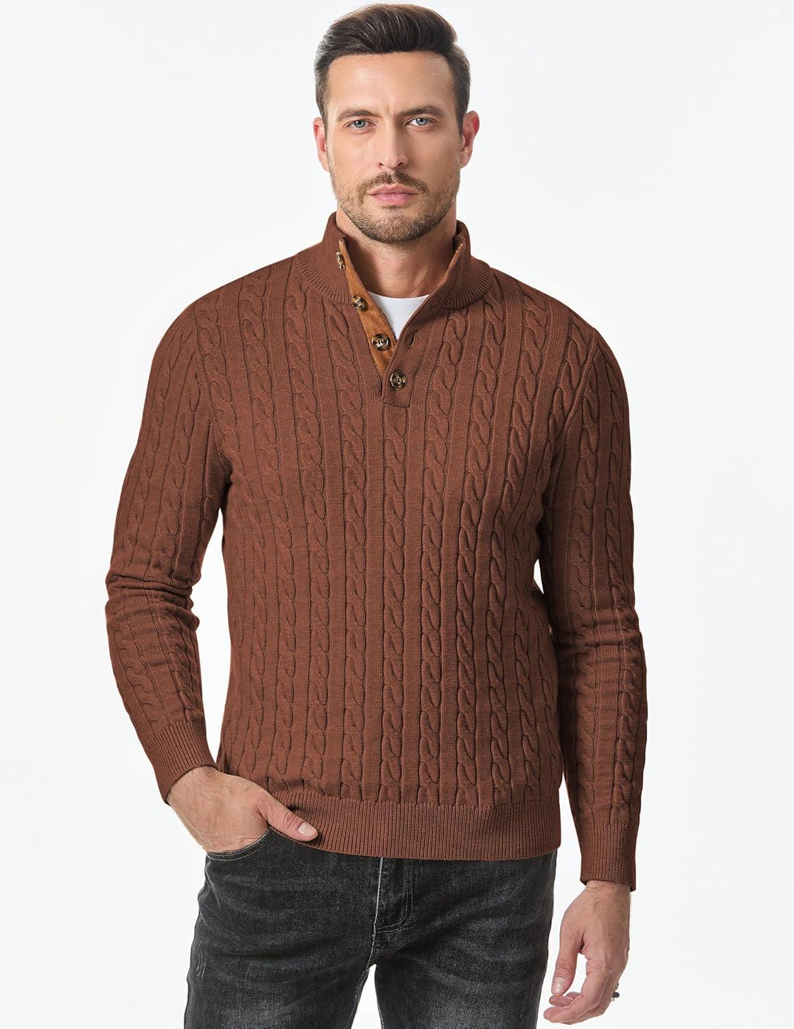 imageJMIERR Mens Cable Knit Pullover Sweater Casual Long Sleeve Stand Collar Button Knitted SweatersChestnut