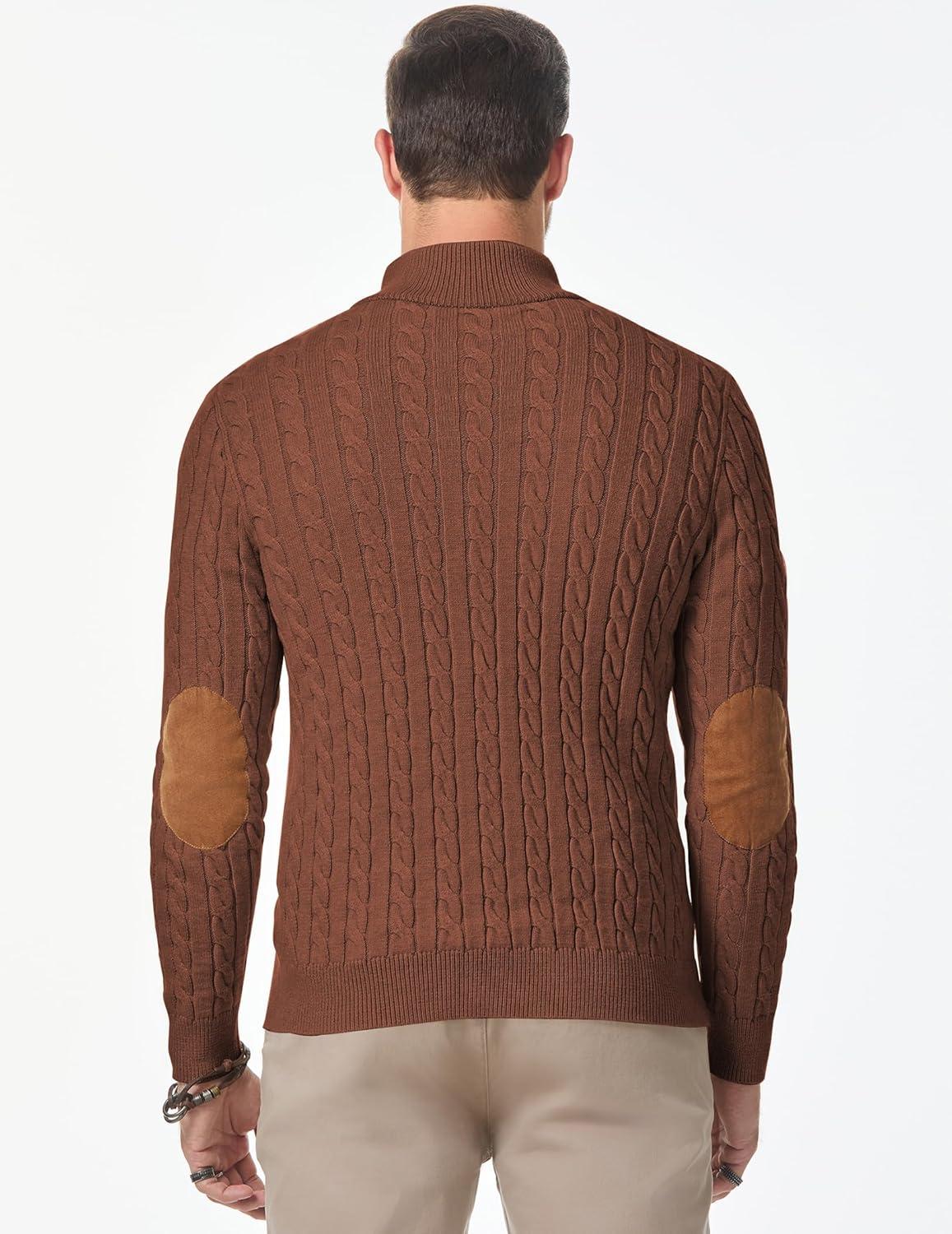 imageJMIERR Mens Cable Knit Pullover Sweater Casual Long Sleeve Stand Collar Button Knitted SweatersChestnut