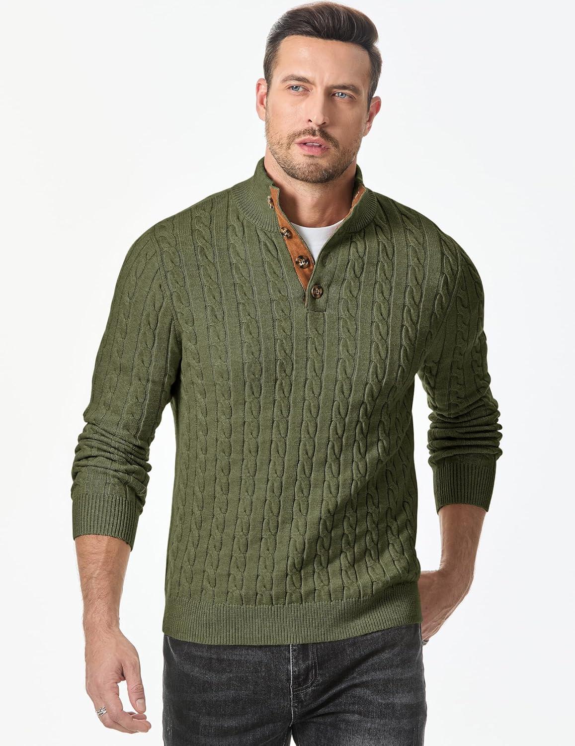imageJMIERR Mens Cable Knit Pullover Sweater Casual Long Sleeve Stand Collar Button Knitted SweatersJungle Green