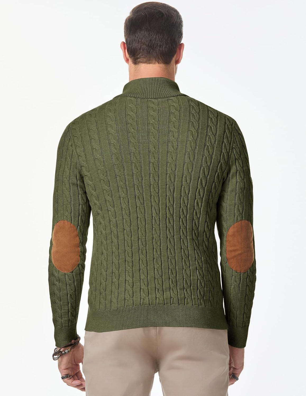 imageJMIERR Mens Cable Knit Pullover Sweater Casual Long Sleeve Stand Collar Button Knitted SweatersJungle Green