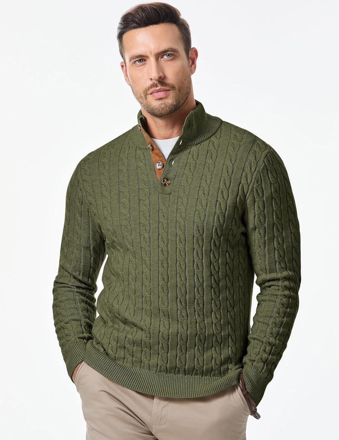 imageJMIERR Mens Cable Knit Pullover Sweater Casual Long Sleeve Stand Collar Button Knitted SweatersJungle Green