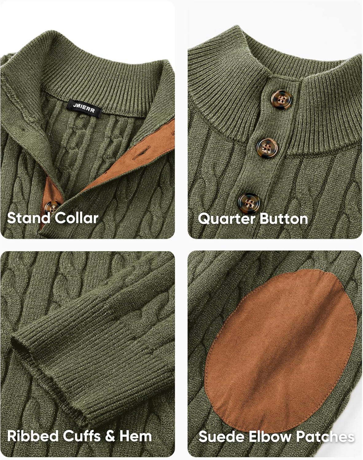 imageJMIERR Mens Cable Knit Pullover Sweater Casual Long Sleeve Stand Collar Button Knitted SweatersJungle Green