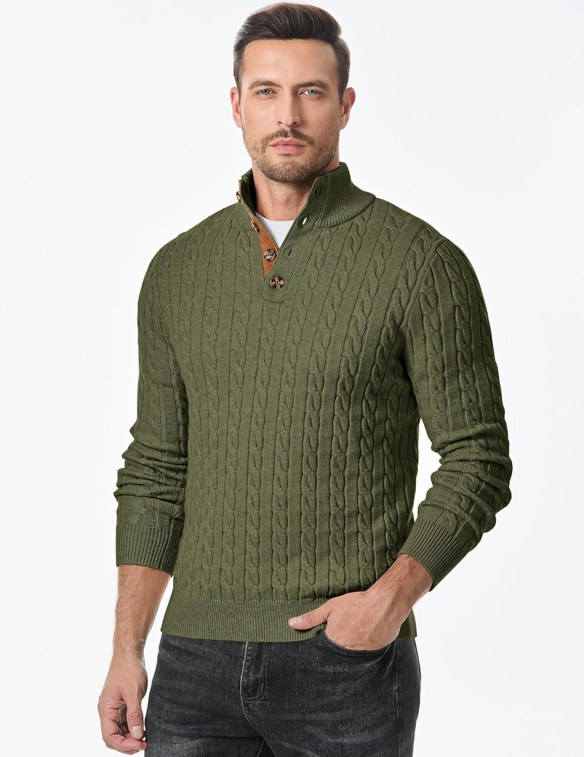 imageJMIERR Mens Cable Knit Pullover Sweater Casual Long Sleeve Stand Collar Button Knitted SweatersJungle Green