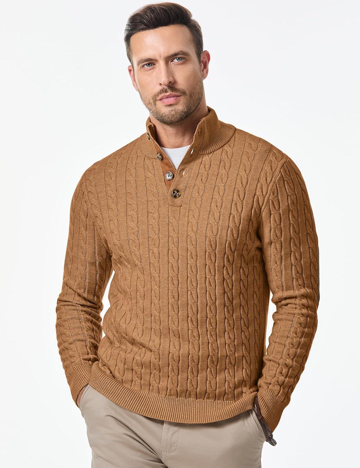 imageJMIERR Mens Cable Knit Pullover Sweater Casual Long Sleeve Stand Collar Button Knitted SweatersLight Khaki