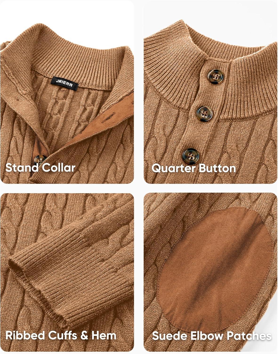 imageJMIERR Mens Cable Knit Pullover Sweater Casual Long Sleeve Stand Collar Button Knitted SweatersLight Khaki