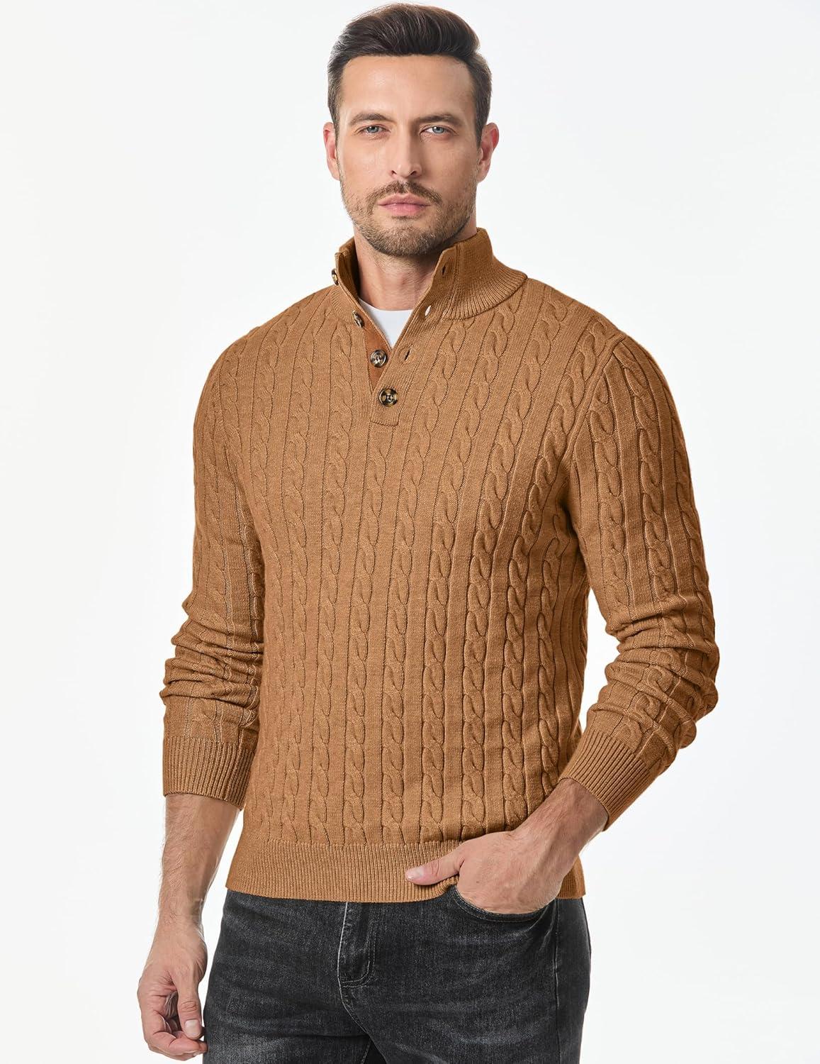 imageJMIERR Mens Cable Knit Pullover Sweater Casual Long Sleeve Stand Collar Button Knitted SweatersLight Khaki